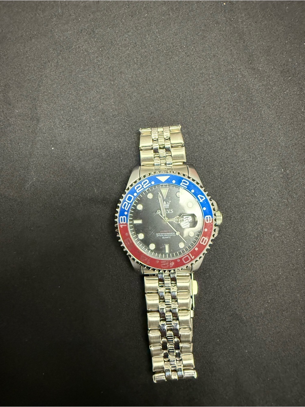 Oleves Stainless Steel Men's Watch with Blue & Red Bezel